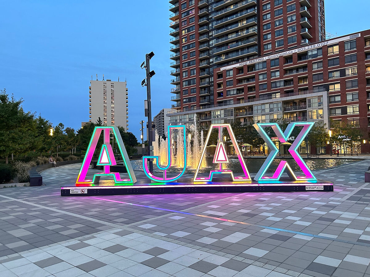 Neon AJAX sign at Pat Bayly Square in Ajax, Ontario