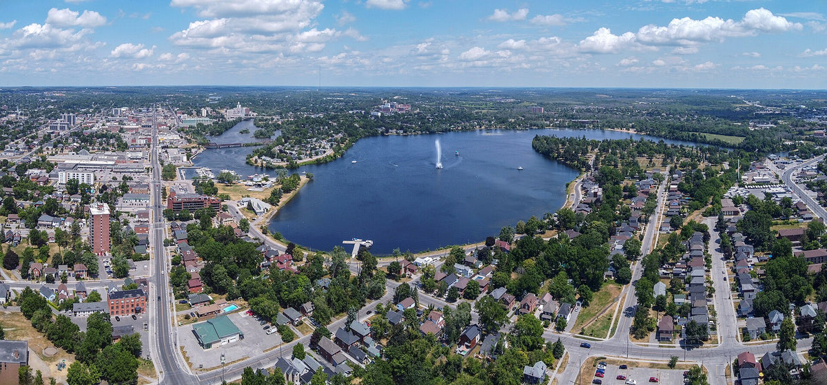 Aerial view of Peterborough, Ontario and Little Lake
